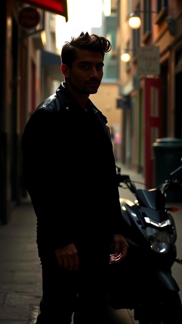 Arga, wearing a black leather jacket, stands confidently next to a motorcycle in a dimly lit urban alley.