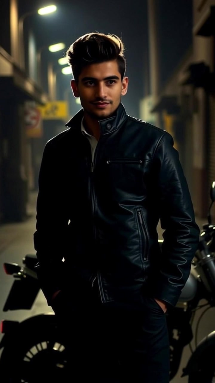 Arga, wearing a black leather jacket, stands beside a motorcycle in a dimly lit street.