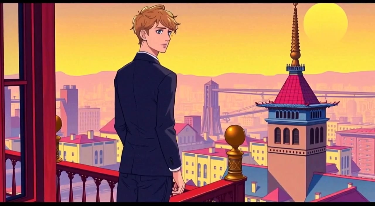 The man gazes thoughtfully over the city from the balcony, silhouetted against the towering Westward Spire at sunset.