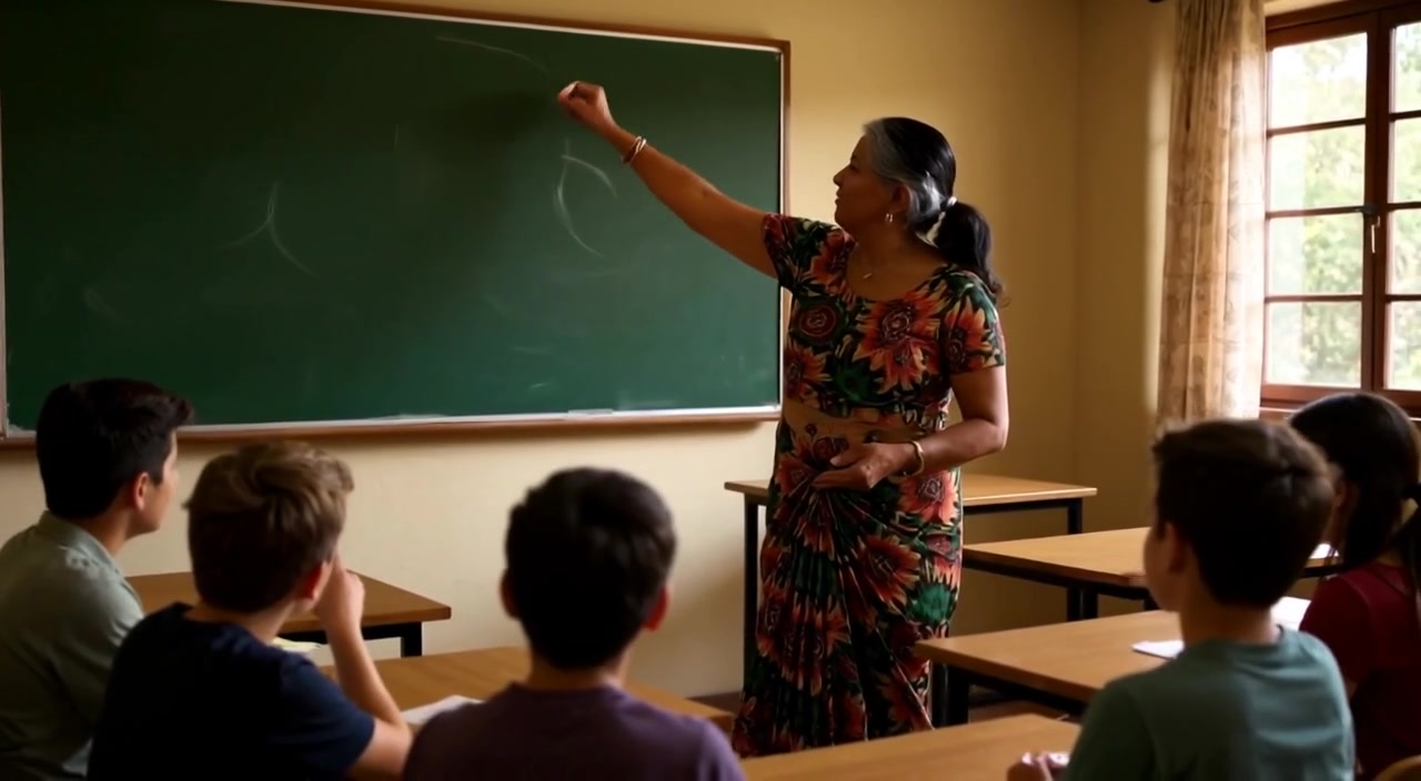 The teacher writes on the blackboard while students attentively watch in a bright, inviting classroom.