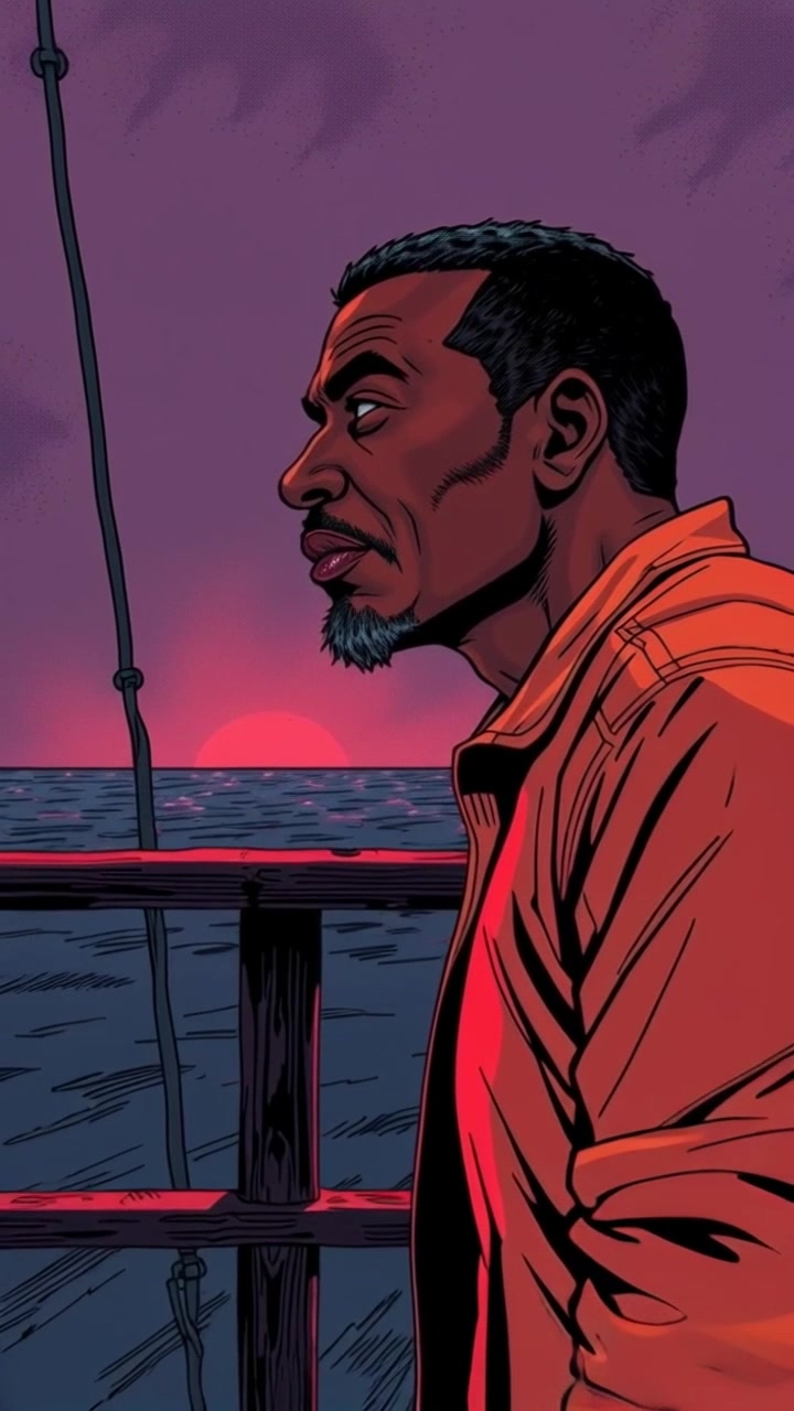 Subject: A person named Ardi standing alone on a deck. Subject movement: Ardi exhales deeply, showcasing a moment of reflection as he gazes into the distance, feeling the weight of separation from his family. Scene: A serene deck overlooking a vast, tranquil landscape, perhaps a lake or ocean with soft waves. Style: Soft, ambient lighting with warm hues of sunset creating a contemplative atmosphere. Motion: The camera gently pushes in on Ardi, capturing his contemplative posture, then slowly tilts up to reveal the expansive view behind him, emphasizing his solitude.