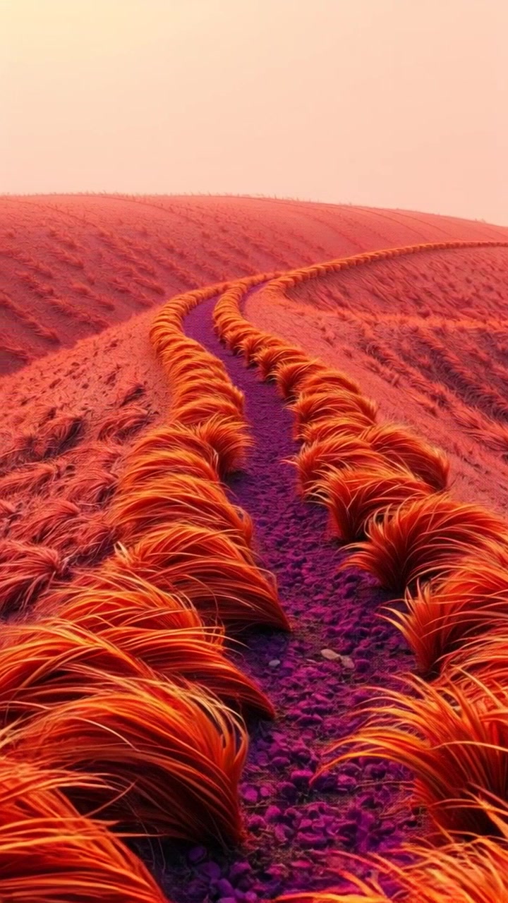 Scene: A windblown field with a winding path, symbolizing a journey of small adjustments. Style: Soft, diffuse lighting with a mix of warm and cool tones enhancing the natural hues of the grass. Motion: Camera glides smoothly along the path, capturing the gentle sway of the grasses while transitioning from a low angle to a higher perspective, revealing the vastness of the field.