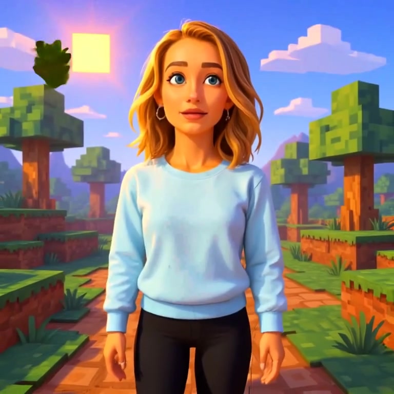 The woman gazes around in wonder as pixelated leaves flutter gently in the breeze.