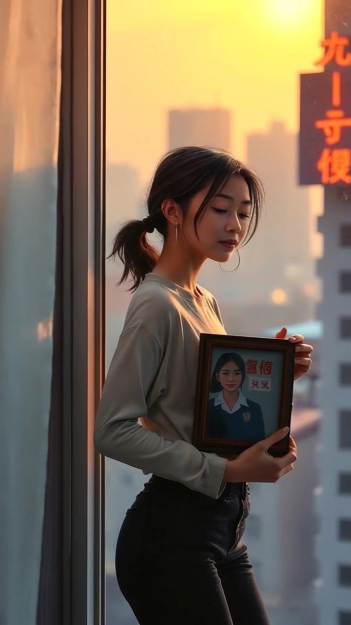 Subject: A young woman named Rina standing by a window, gazing outside with a look of longing, gently holding a framed photo in her hands. Scene: A cozy, warmly lit room filled with soft, inviting decor, light streaming through sheer curtains. Motion: The camera begins with a close-up of Rina's contemplative expression, then smoothly pushes back to reveal the room and the view outside, capturing the essence of her moment.