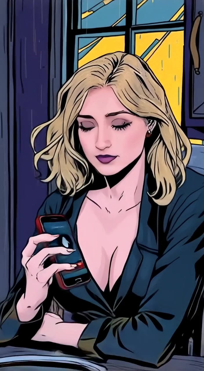 The woman gently scrolls through her phone, her expression shifting from puzzled to thoughtful.