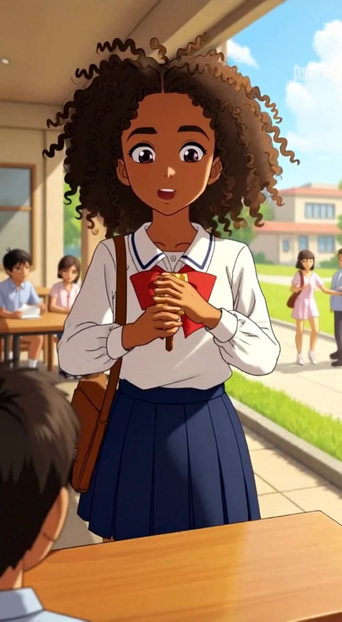 The girl smiles softly while chatting with friends at the school canteen, holding a snack in her hand.