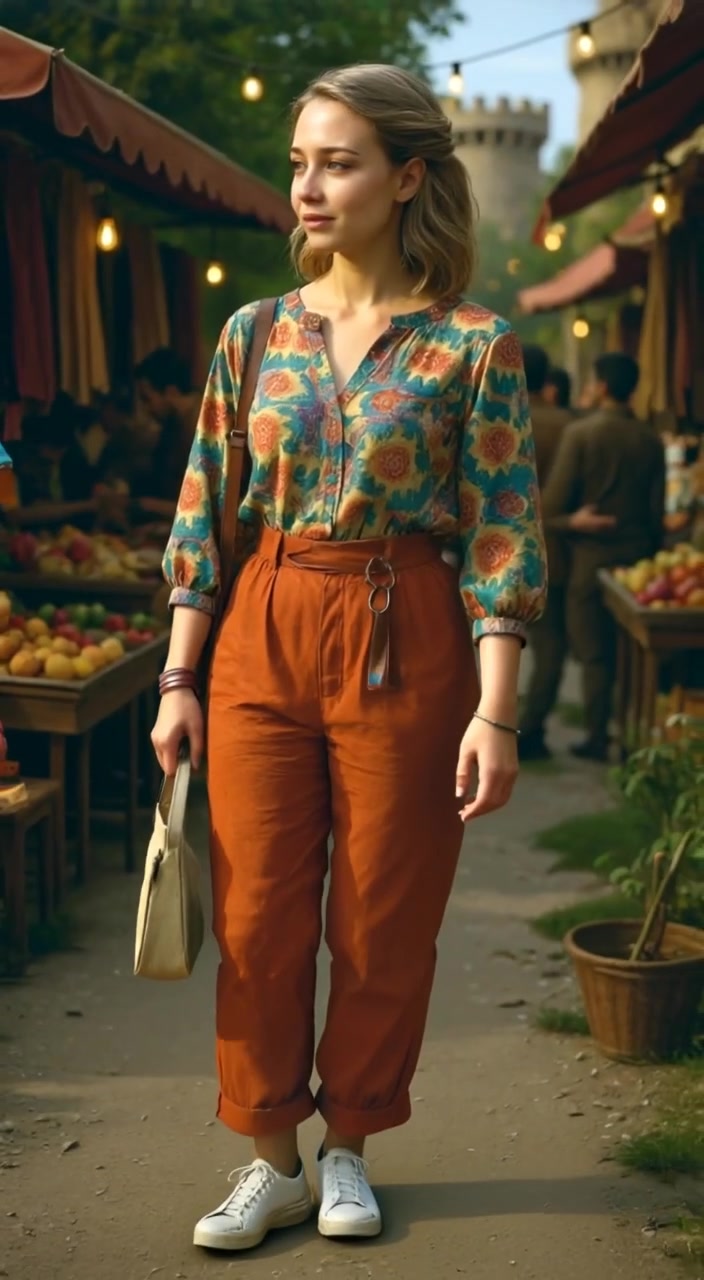 The girl walks through the vibrant market, examining colorful stalls as people bustle around her.