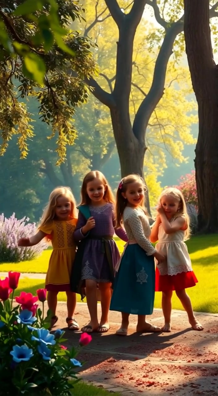 The children laugh and chase each other playfully across the grassy park, flowers swaying gently in the breeze.