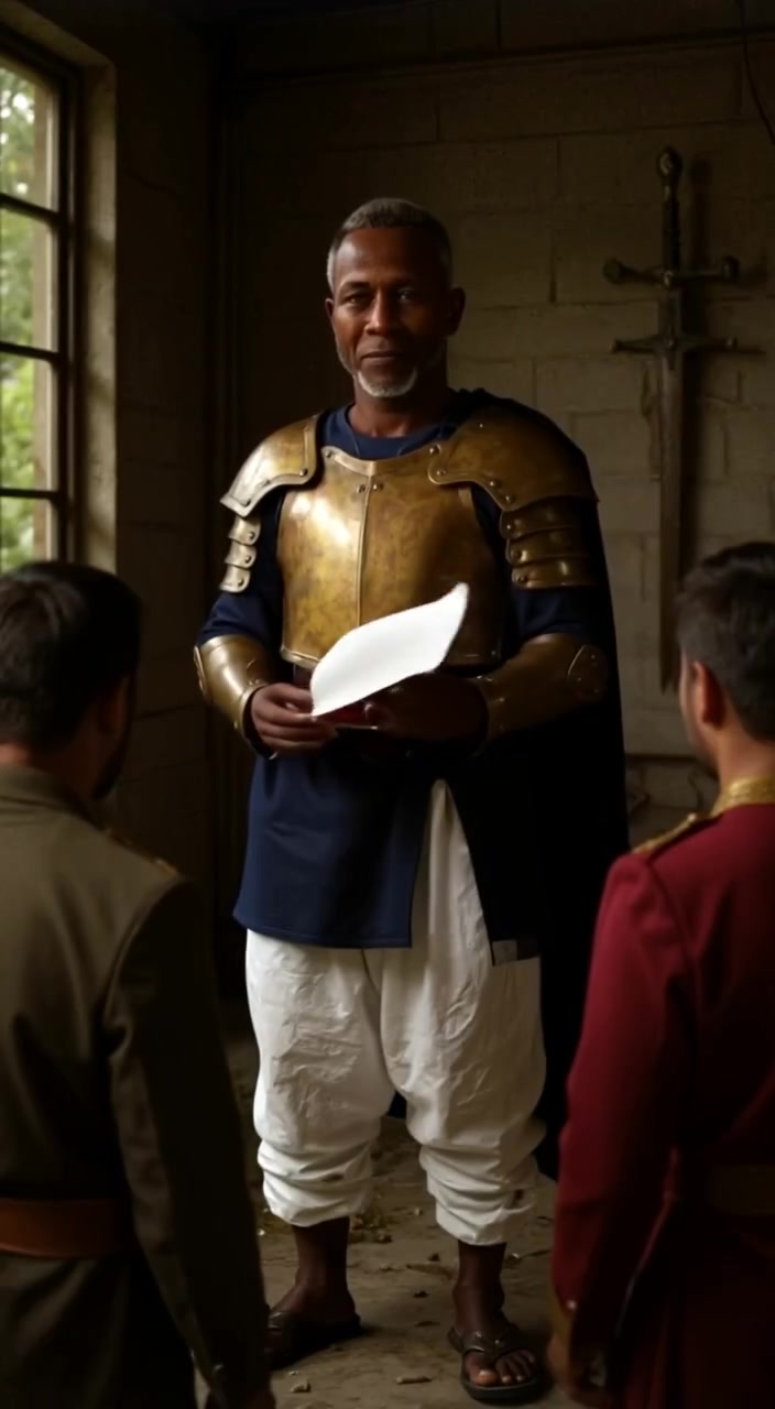 Kwame's hand gently unfurls the scroll as he earnestly addresses the gathered nobles in the grand hall.