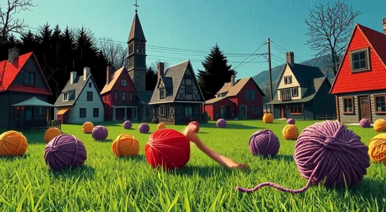 A gentle breeze rolls through colorful yarn balls on bright green grass under a clear blue sky.