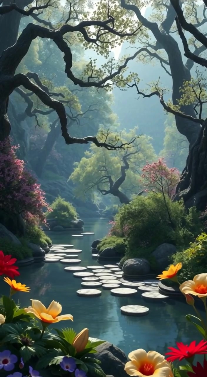 A gentle breeze rustles the leaves as sunlight dances on the water of the hidden springs.