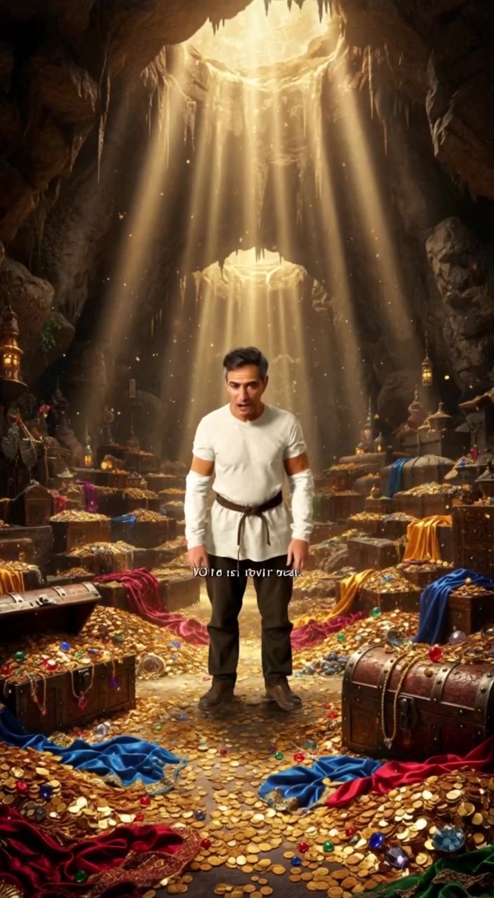 Ali Baba standing in a large cave filled with gold coins, jewels, and treasures, with his hands raised in amazement.
