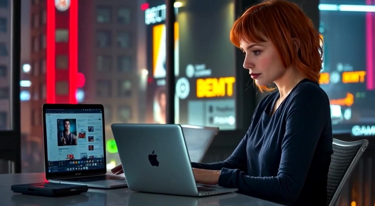 The woman examines her laptop screen, scrolling gently through marketing documents with focused determination.