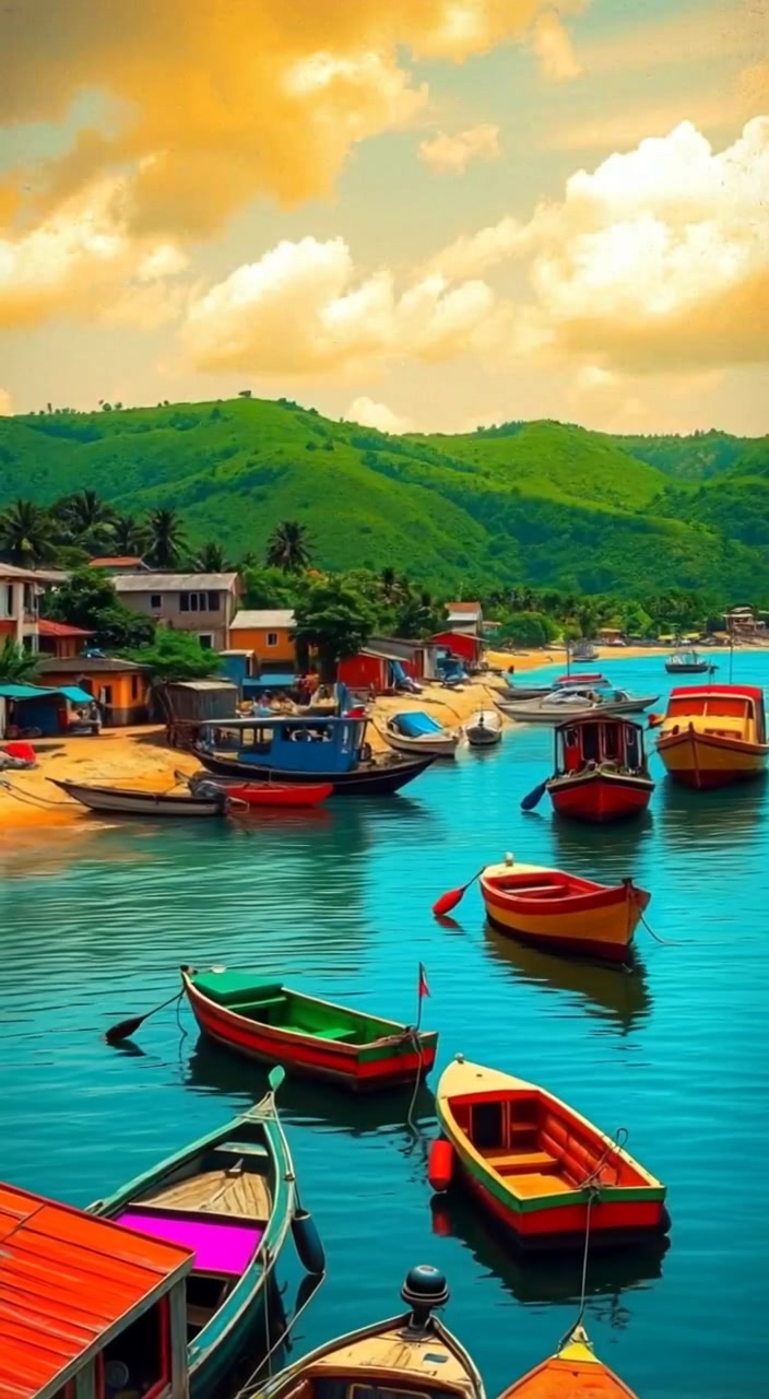 Colorful boats gently bob in the harbor as waves lap against the shore of the picturesque coastal village.
