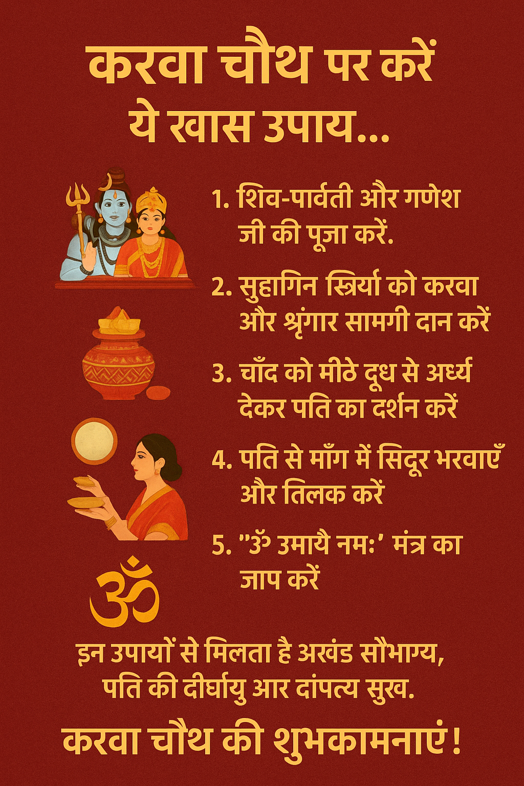करवा चौथ पर विशेष उपाय और शुभकामनाएँ