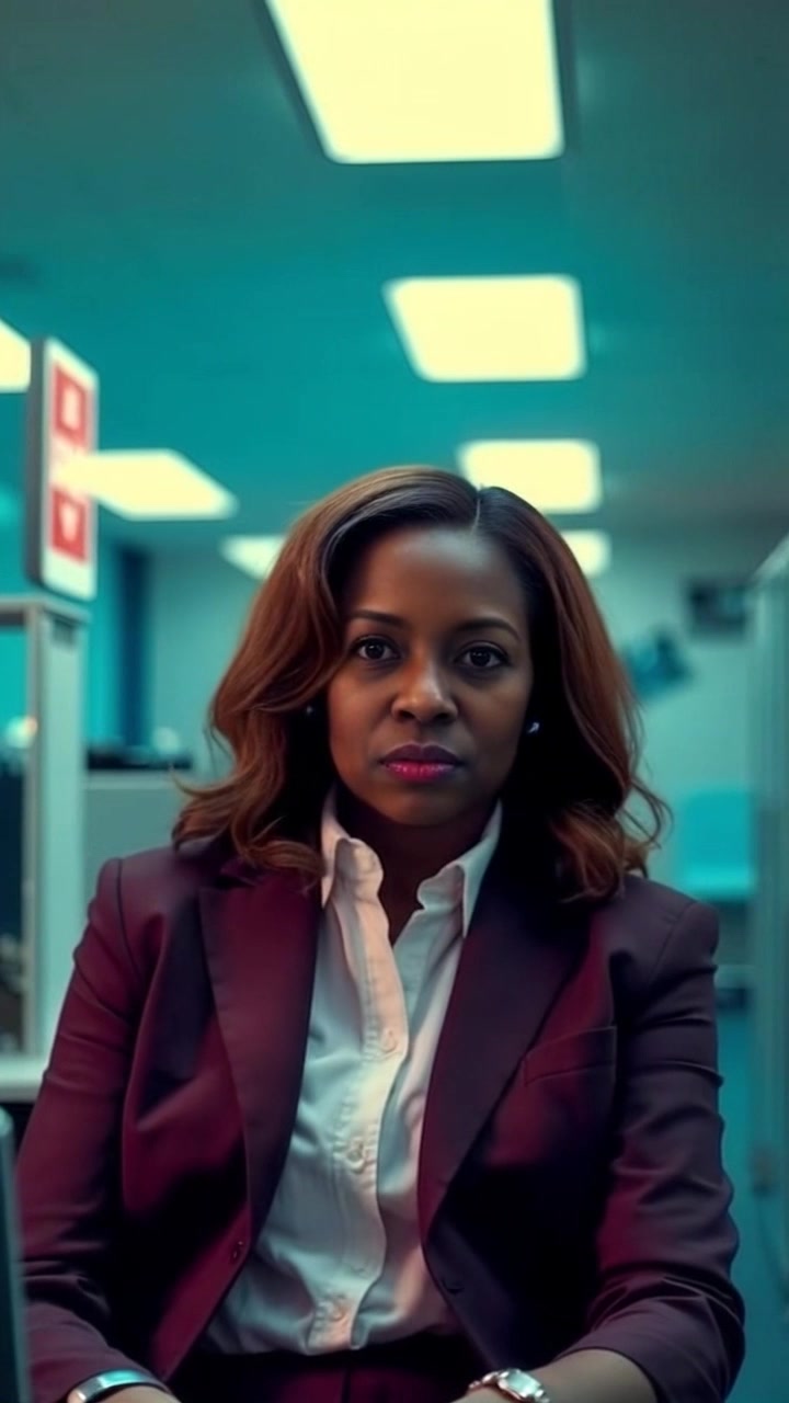 Amaka sitting in a bright office, looking tense in her business casual attire.