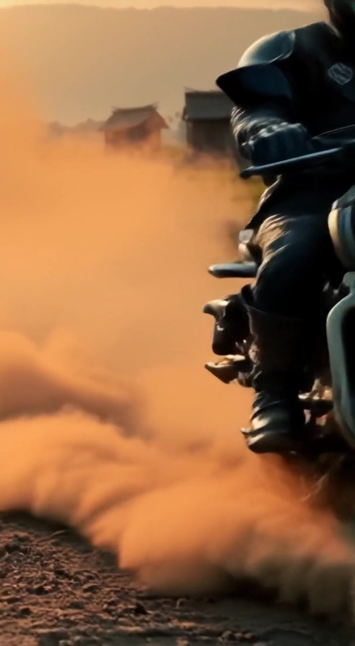 The rider smoothly accelerates down the dusty path, clouds of dust swirling around the motorcycle.