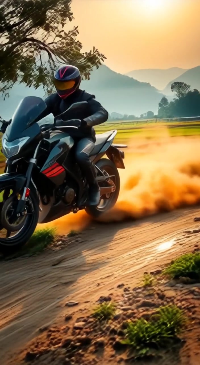 The motorcycle speeds forward, wheels spinning rapidly and kicking up a swirling cloud of dust around it.