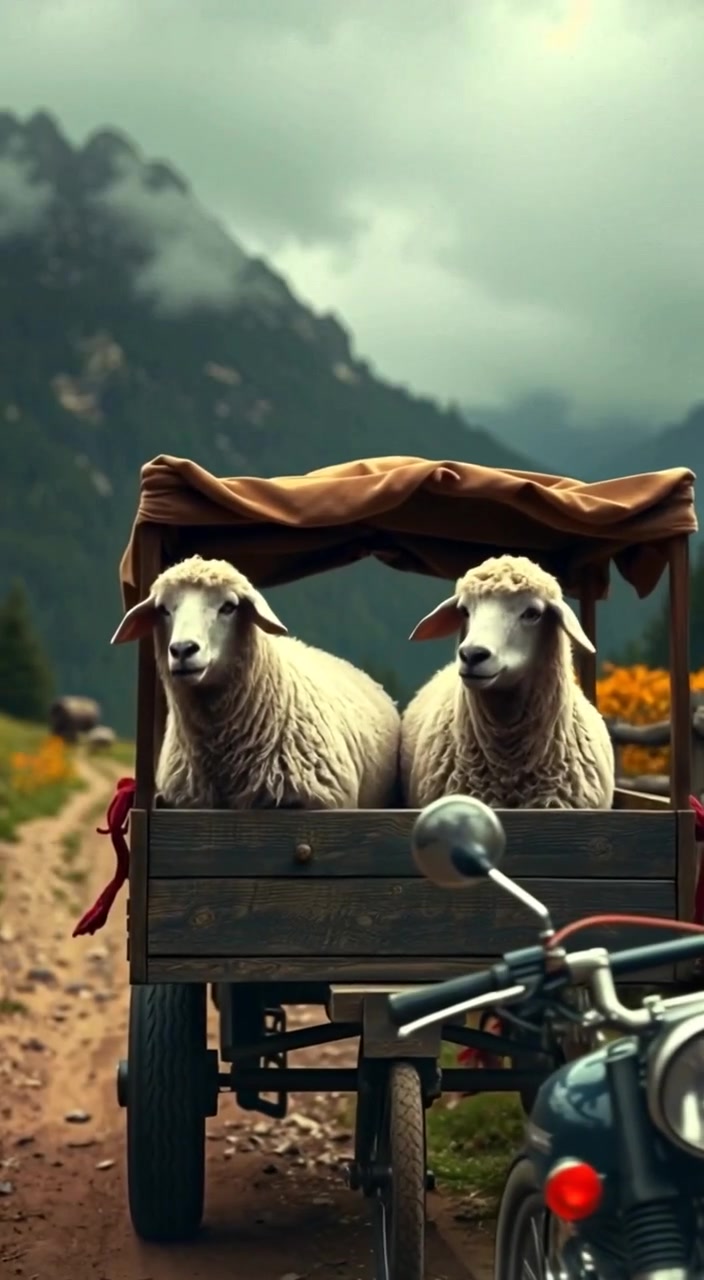 The cart sways gently as it rolls down the dirt path with two fluffy sheep inside.