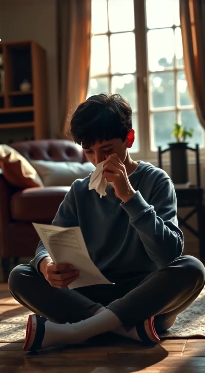 A Young Boy sitting on the floor, tears in his eyes, holding a failed exam paper.