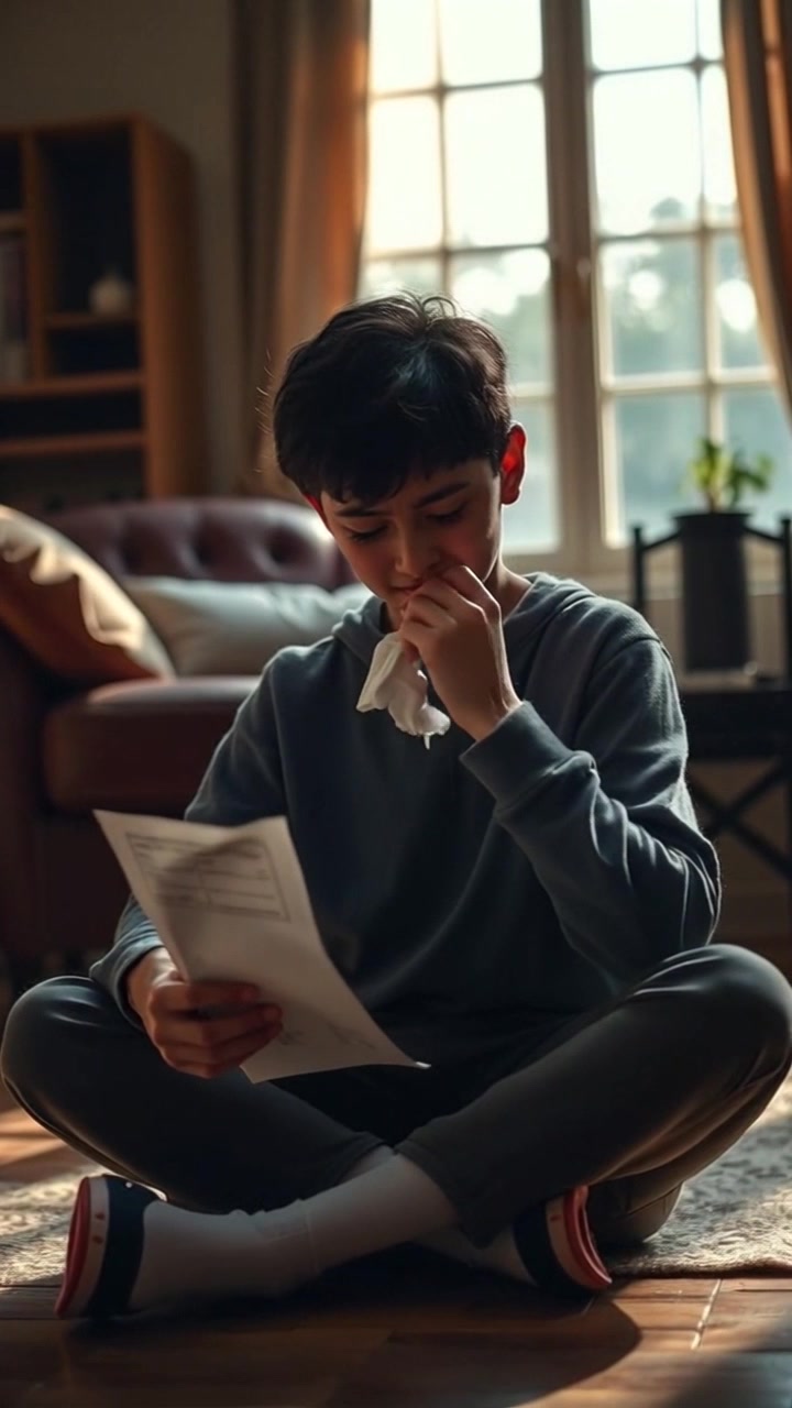 A Young Boy sitting on the floor, tears in his eyes, holding a failed exam paper.