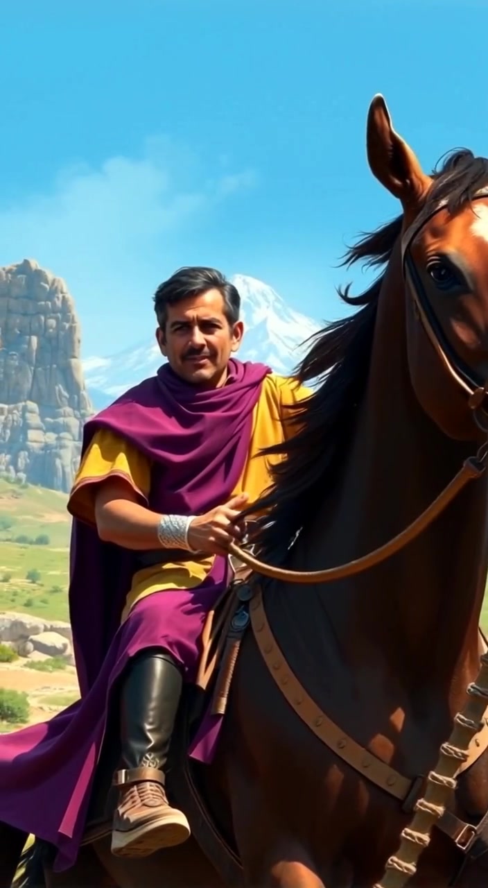 The horse gallops naturally towards a distant mountain against a clear blue sky, capturing the freedom of the ride.