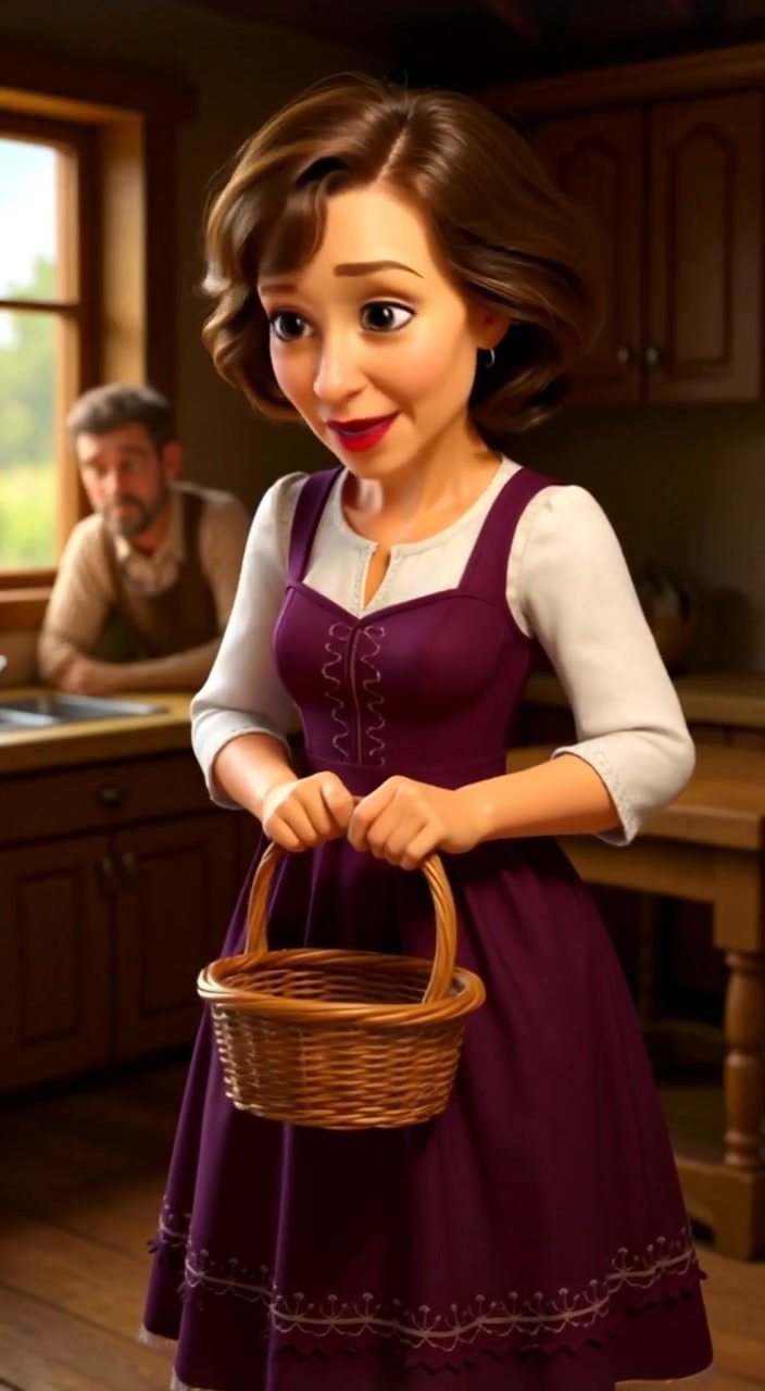 The woman gently examines the empty basket, a sense of disappointment on her face as sunlight streams through the window.