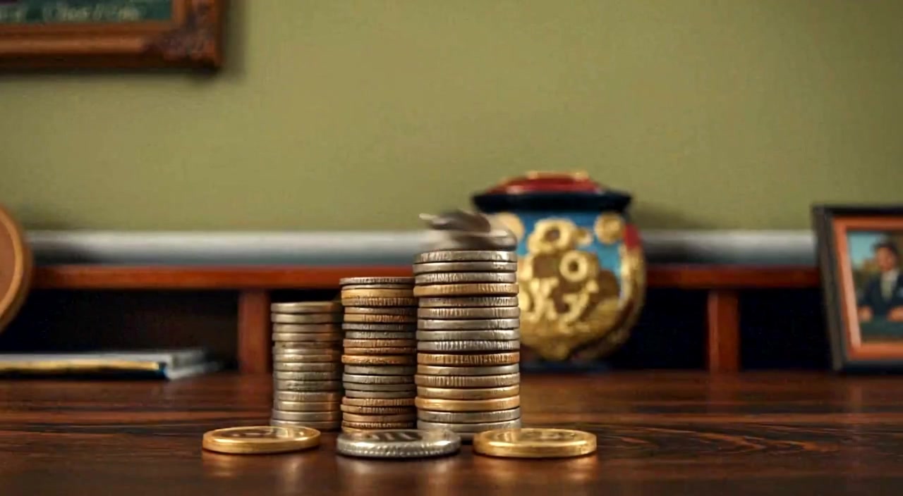 A gentle breeze causes coins to softly clink against each other on the wooden table.