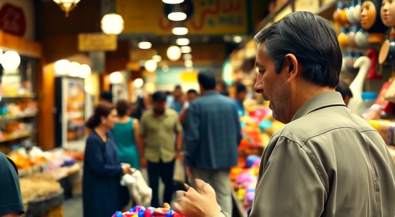 The man examines colorful items at a bustling marketplace while people chat and shop around him.
