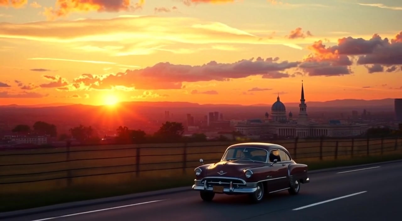 A vintage car drives gently along the road as the sunset casts warm hues over the bustling city skyline.