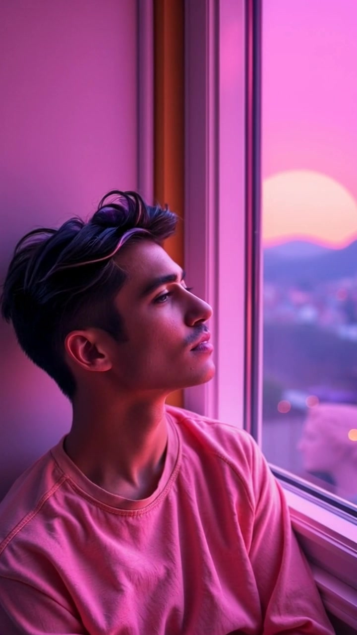 Subject (A person with pensive expression, Casual clothing, Sitting posture) + Subject movement (Gently moving head while looking out of the window) + Scene (Cozy room with soft furnishings, rain pouring outside the window) + Camera Language (Slow zoom in on the person's face) + Lighting (Soft, warm indoor lighting) + Atmosphere (Contemplative)