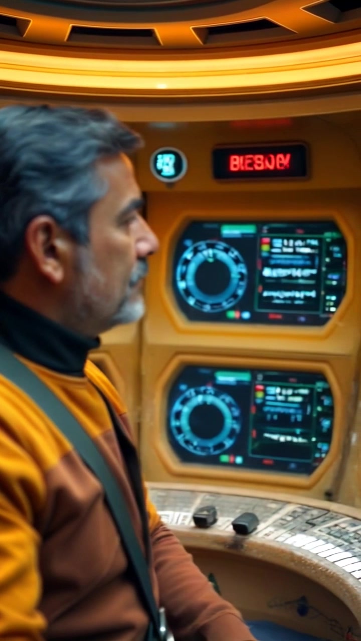 Scene: A dusty control room filled with intricate holographic displays showcasing navigational data, heavy machinery, and blinking lights. Style: Ambient lighting with a slightly gritty, industrial atmosphere, casting soft shadows across the room. Motion: The camera glides smoothly around the control center, capturing the intricate details of the holograms while revealing the dusty textures of the room's surfaces.