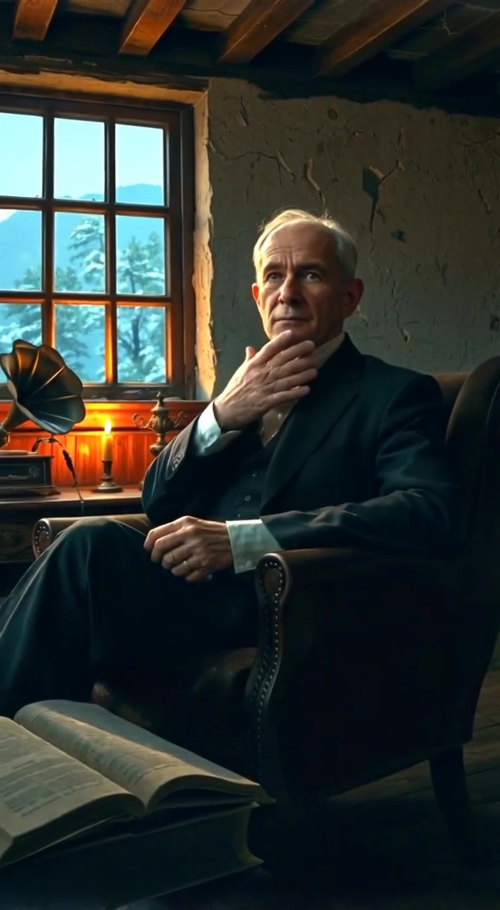 Salem inside an old, rustic house filled with antiques, sitting in a worn armchair.
