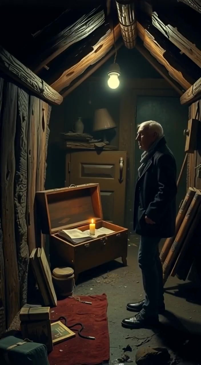 The attic of Salem's house, dimly lit, with a mysterious presence suggested by items slightly moved.
