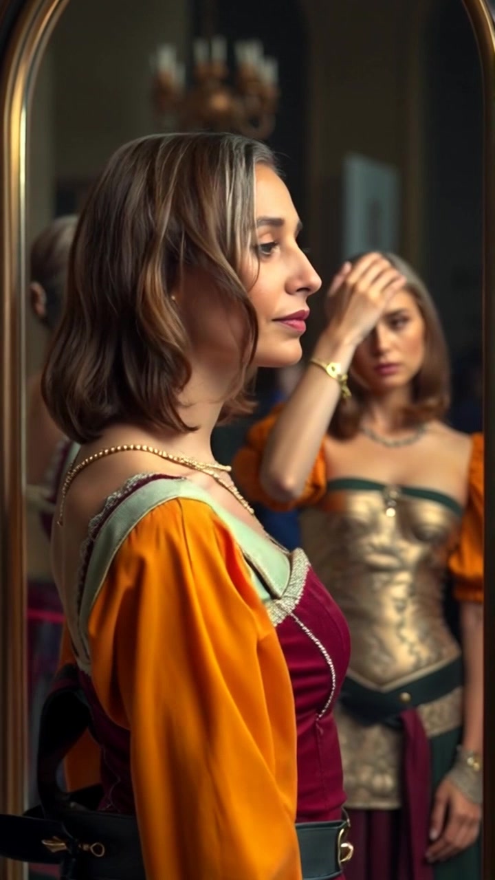 Subject: A confident fashion model admiring her reflection in a backstage mirror. Subject movement: She adjusts her hair and poses slightly to showcase her outfit, radiating pride and self-assurance. Scene: Backstage at a vibrant fashion show, with colorful lights and bustling activity in the background. Style: Warm, ambient lighting accentuating her features while creating a lively yet intimate atmosphere. Motion: The camera slowly pushes in for a close-up of her expression, then transitions to a wider shot revealing the busy backstage environment.