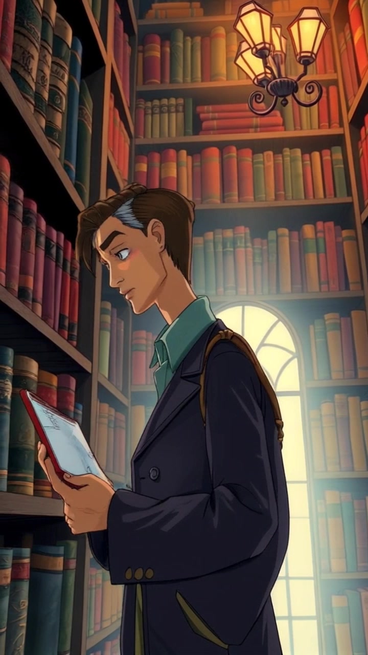 Subject: A middle-aged scholar standing thoughtfully in a library filled with ancient books. Subject movement: The scholar shifts slightly, nodding as if processing a profound thought. Scene: A grand library with towering bookshelves, the air filled with the scent of old leather and parchment. Style: Warm, ambient lighting streaming through high windows, creating a cozy and inviting atmosphere. Motion: A gentle dolly in towards the scholar, capturing the intricate details of the books and the thoughtful expression on his face, with soft focus on the surrounding shelves.