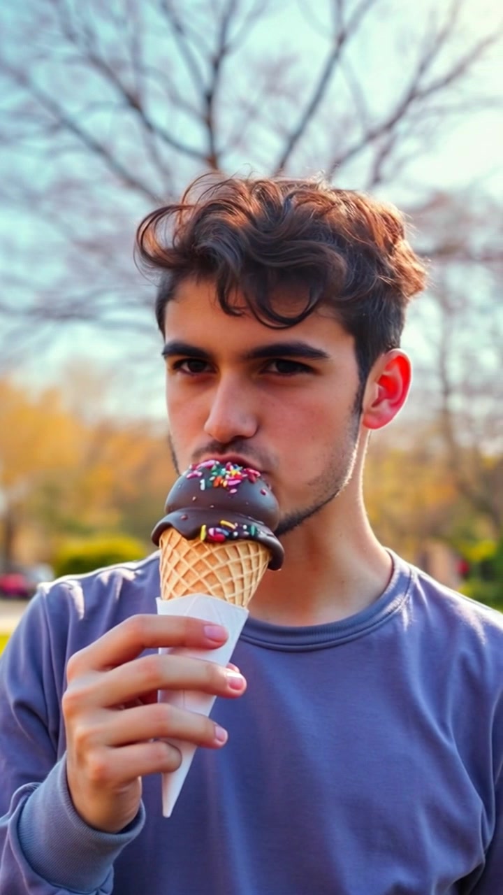 Subject: Timmy, a young boy with a chocolate ice cream cone topped with rainbow sprinkles, smiling in a sunny park setting. Movement: Timmy stands still, enjoying the ice cream. Scene: Vibrant park with lush greenery and dappled sunlight filtering through the trees. Camera Language: Gentle pan around Timmy, highlighting his joyful expression and the picturesque park surroundings. Lighting: Soft, warm sunlight creating a cheerful atmosphere.