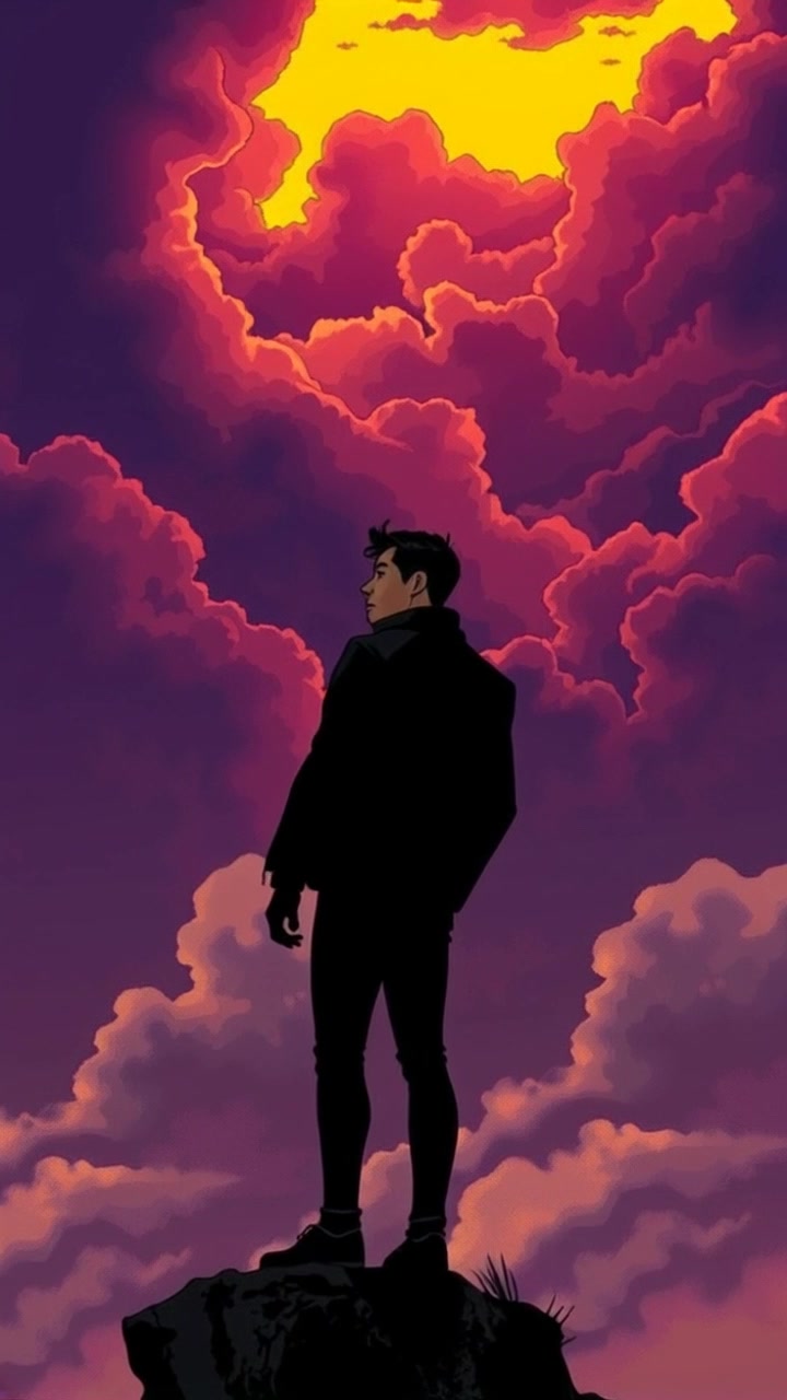 Subject (Silhouette of a man in the distance) + Subject movement (Stillness) + Scene (Man standing on a cliff, looking into the distance under a cloudy sky) + Camera Language (Slow zoom in) + Lighting (Soft light casting silhouette) + Atmosphere (Contemplative)