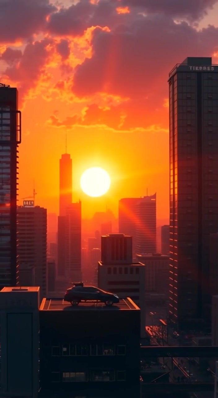 The sun rises gently over the city, illuminating skyscrapers as people begin their day, bustling along the streets.