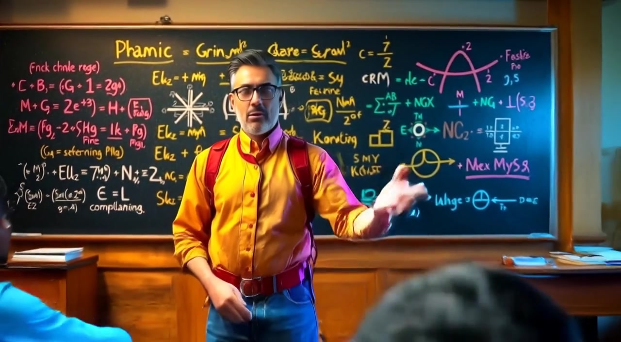 The teacher gestures towards the blackboard, explaining physics concepts as students listen attentively at their desks.