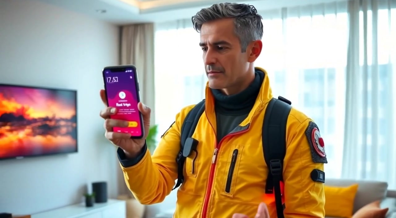 The man swipes through the educational app on his smartphone in the bright, modern living room.