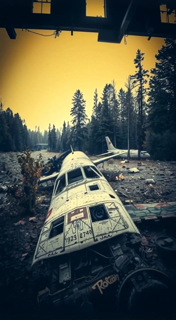 Leaves gently rustle as a light breeze flows through the forest surrounding the scattered wreckage of an airplane.