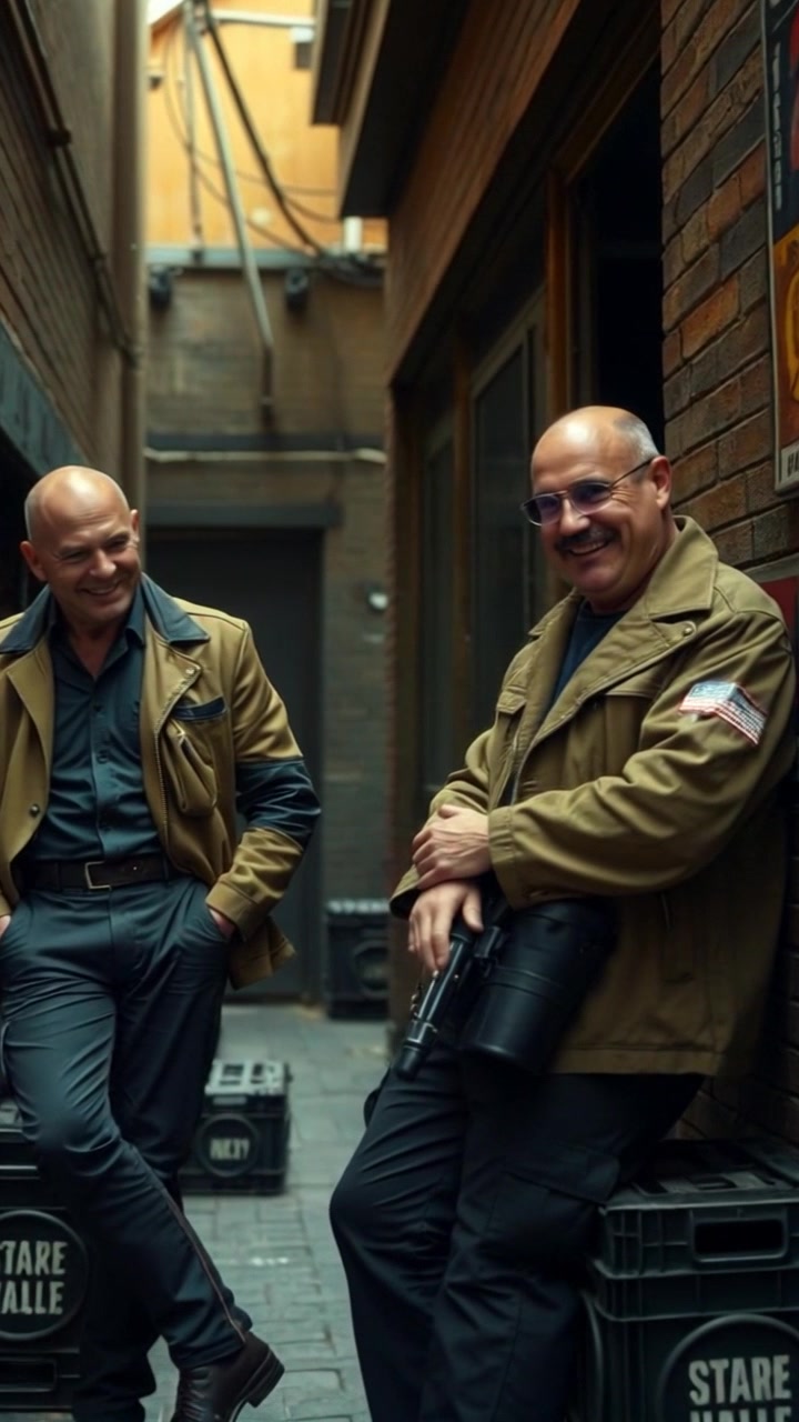 Scene: A gritty urban alley where a group of gangsters casually lean against wooden crates, their expressions filled with anticipation for the showdown. Style: Low-key lighting with deep shadows accentuating the rough textures of the alley. Motion: Camera slowly moves in with a dramatic panning shot to capture the tension in the air, closing in on their smirking faces before revealing the alley's surrounding graffiti art.