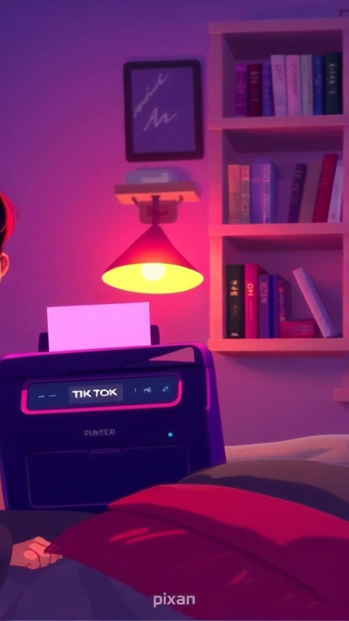 Scene: A cozy room at nighttime, softly illuminated by the glow of a printer in the corner, making a gentle 'TIK TOK' sound. Style: Warm ambient lighting creating an inviting atmosphere while shadows deepen in the corners. Motion: The camera slowly pans across the room, starting at the glowing printer, capturing details of the serene environment before drifting towards the window, where moonlight reflects off the surfaces.