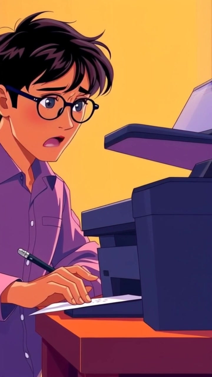 Subject: A nervous individual watching a printer intently as it prints a document. Subject movement: The person shifts slightly, glancing back and forth between the printer and their surroundings, showcasing their anticipation. Scene: A cluttered home office filled with paperwork and a laptop, the printer in focus as it whirs to life. Style: Soft, ambient lighting creating a warm yet tense atmosphere. Motion: The camera slowly pushes in on the printer, capturing the anxious look on the individual's face, then pulls back to reveal the entire office space, highlighting the contrast between the bustling environment and the intense moment.