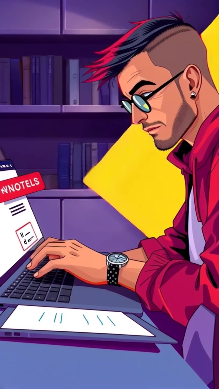 Subject: A focused student with a build that is intent, messy hairstyle, casual clothing complemented by glasses. The facial expression shows concentration, body posture is leaning forward. Movement: The student's fingers swiftly typing on the laptop keyboard, eyes occasionally glancing up. Scene: Modern, cluttered study room with bookshelves and a cozy desk setup. Camera language: Slow zoom in on the laptop screen displaying Notion, focusing on the evolving notes. Lighting: Soft, warm glow from a desk lamp illuminating the workspace. Atmosphere: Productive, studious ambiance.