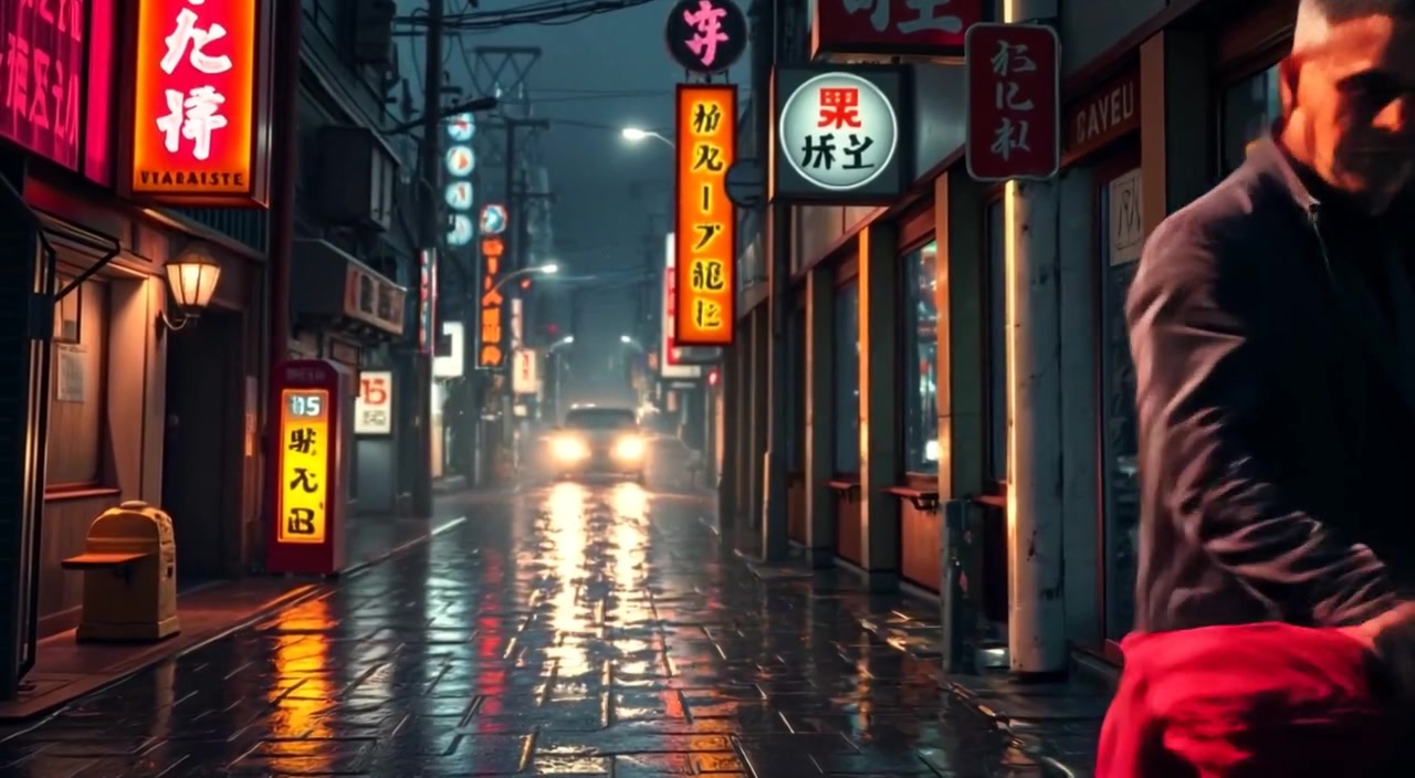 Raindrops gently fall onto the neon-lit pavement, creating reflections of vibrant signs in Néo-Kyoto's bustling underbelly.