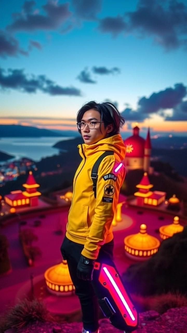 Subject (Build: Confident, Hair: Style and color, Clothing: Description, Facial features: Features, Body posture: Confident stance) + Subject movement (Stillness) + Scene (Scenic hill overlooking picturesque village at dusk) + Camera Language (Pull-out shot from subject), Lighting (Dusk light), Atmosphere (Peaceful, serene)