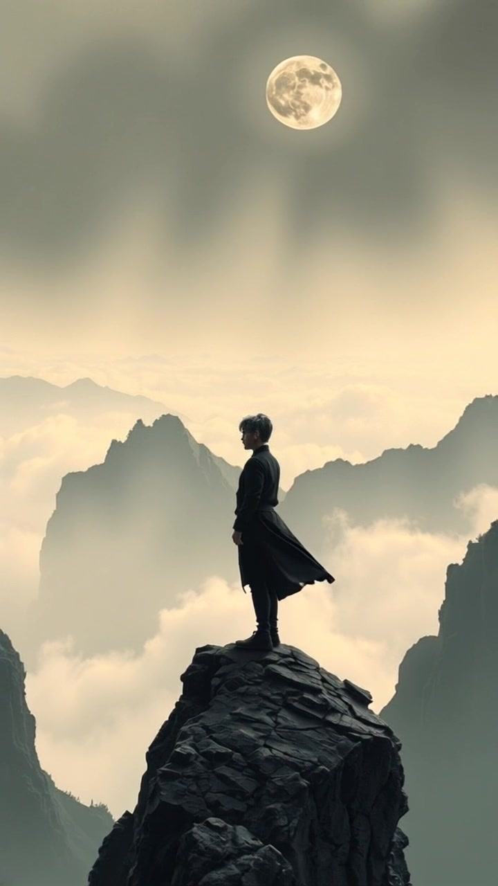 Kaito, with silver hair and a stoic expression, stands still on a rocky cliff, gazing at the expansive mountainous view ahead. The camera slowly zooms out to reveal the vastness of the landscape, capturing the grandeur of the moment. The scene is bathed in the warm light of the setting sun, creating a serene and contemplative atmosphere.