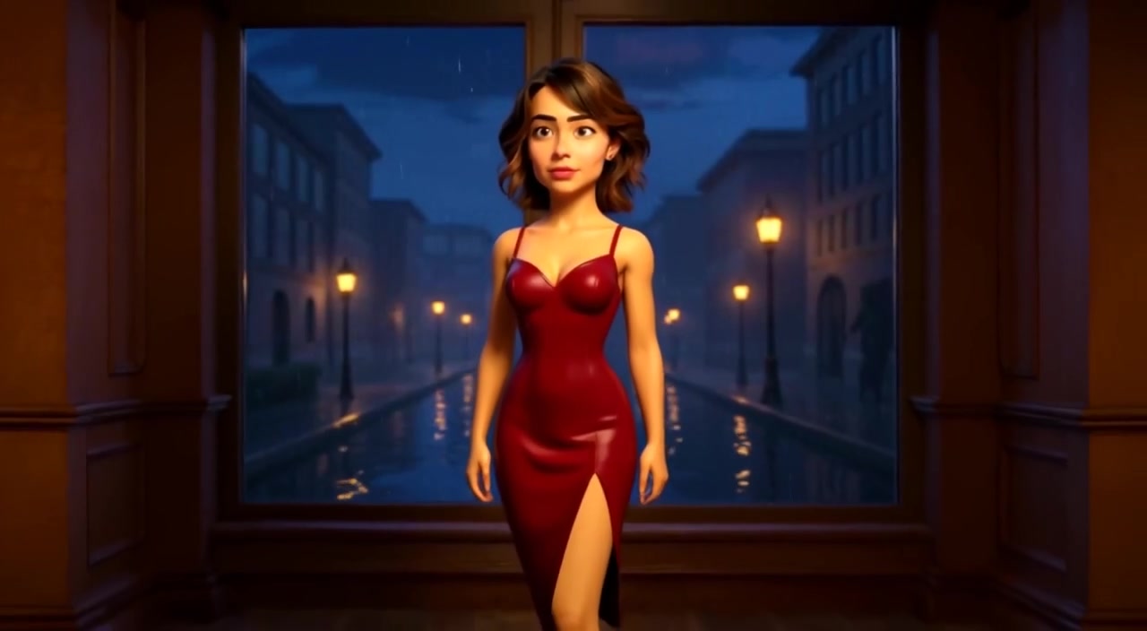 The woman gazes thoughtfully out the gallery window as city lights twinkle softly in the evening.